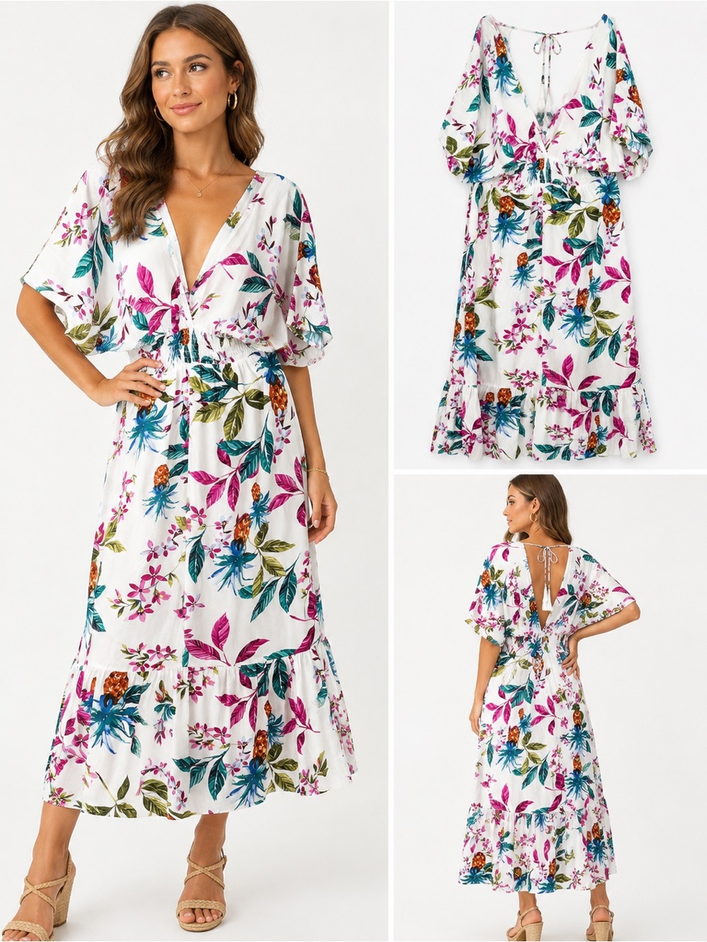 Blue Island Tropical Floral Tiered Maxi Dress Beach Smocked Boho Flowy Womens M